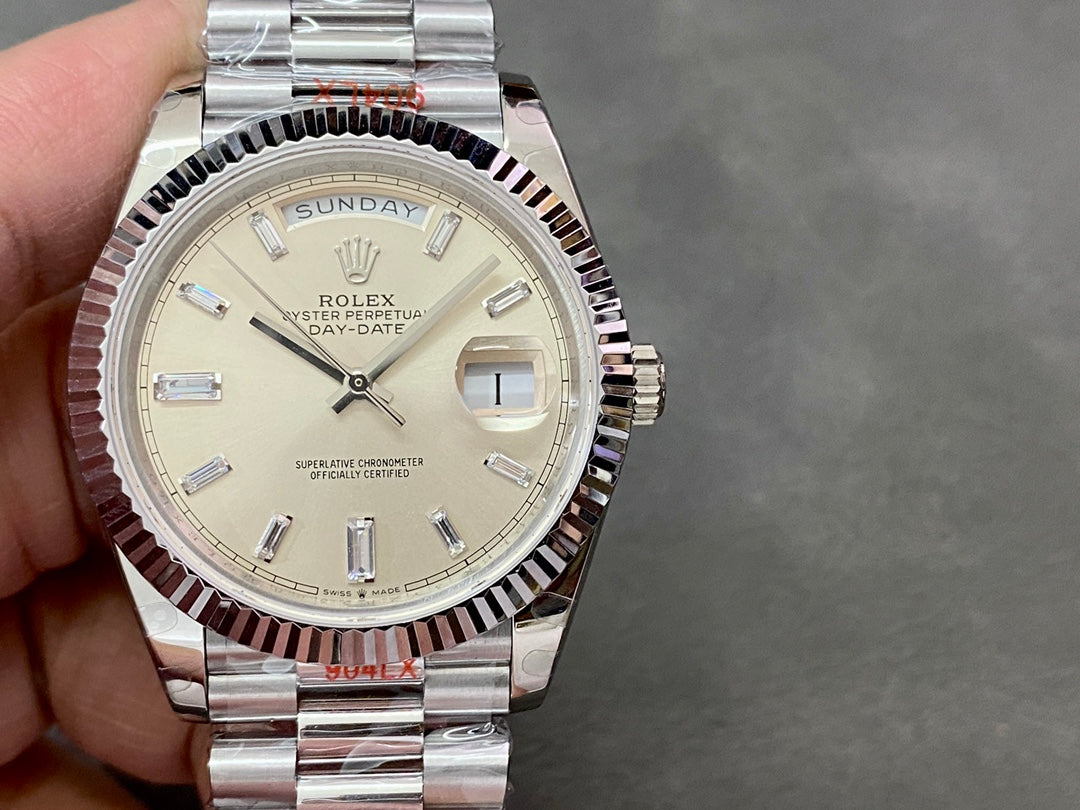 Rolex Day-Date 40mm Silver Baguette Dial, 904L Stainless Steel, Swiss Movement – Inquire Price via WhatsApp