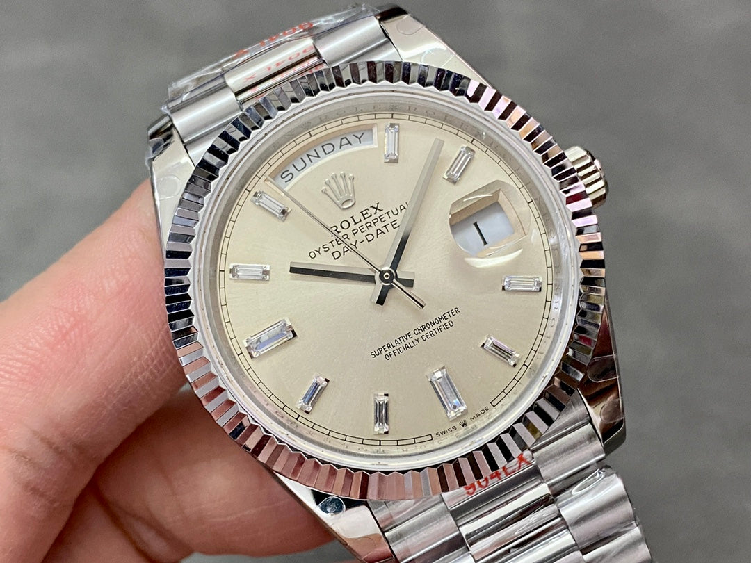 Rolex Day-Date 40mm Silver Baguette Dial, 904L Stainless Steel, Swiss Movement – Inquire Price via WhatsApp