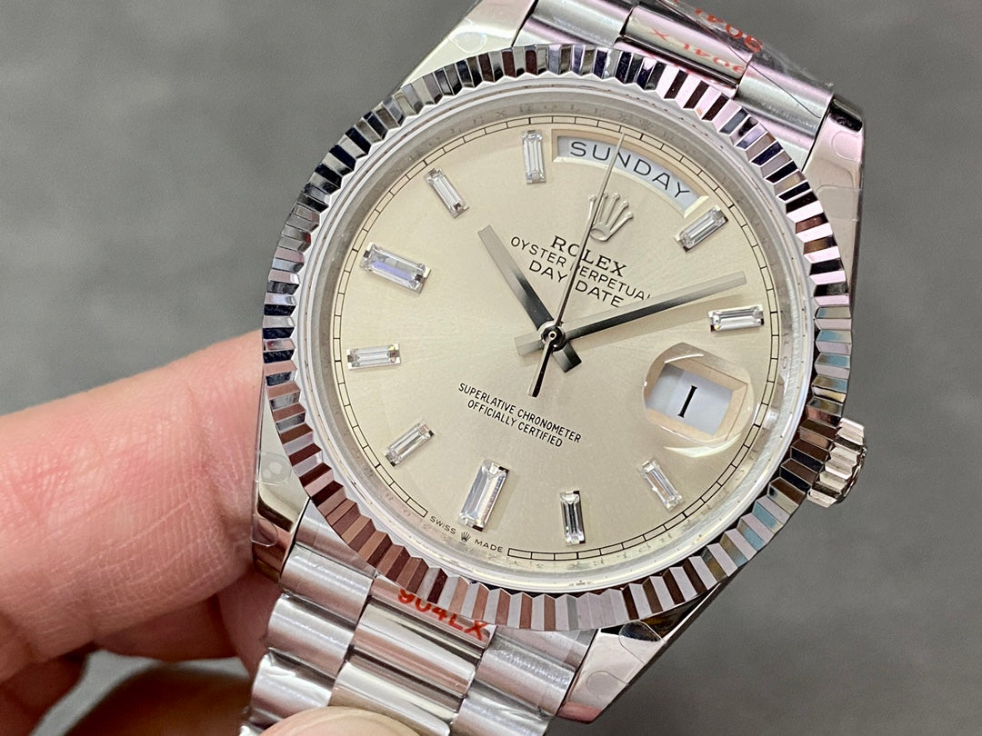 Rolex Day-Date 40mm Silver Baguette Dial, 904L Stainless Steel, Swiss Movement – Inquire Price via WhatsApp