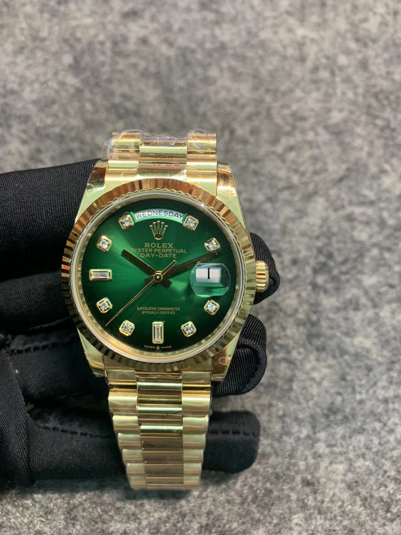 Rolex Day-Date 40mm Green Dial, Yellow Gold, Diamond Hour Markers – Inquire Price via WhatsApp