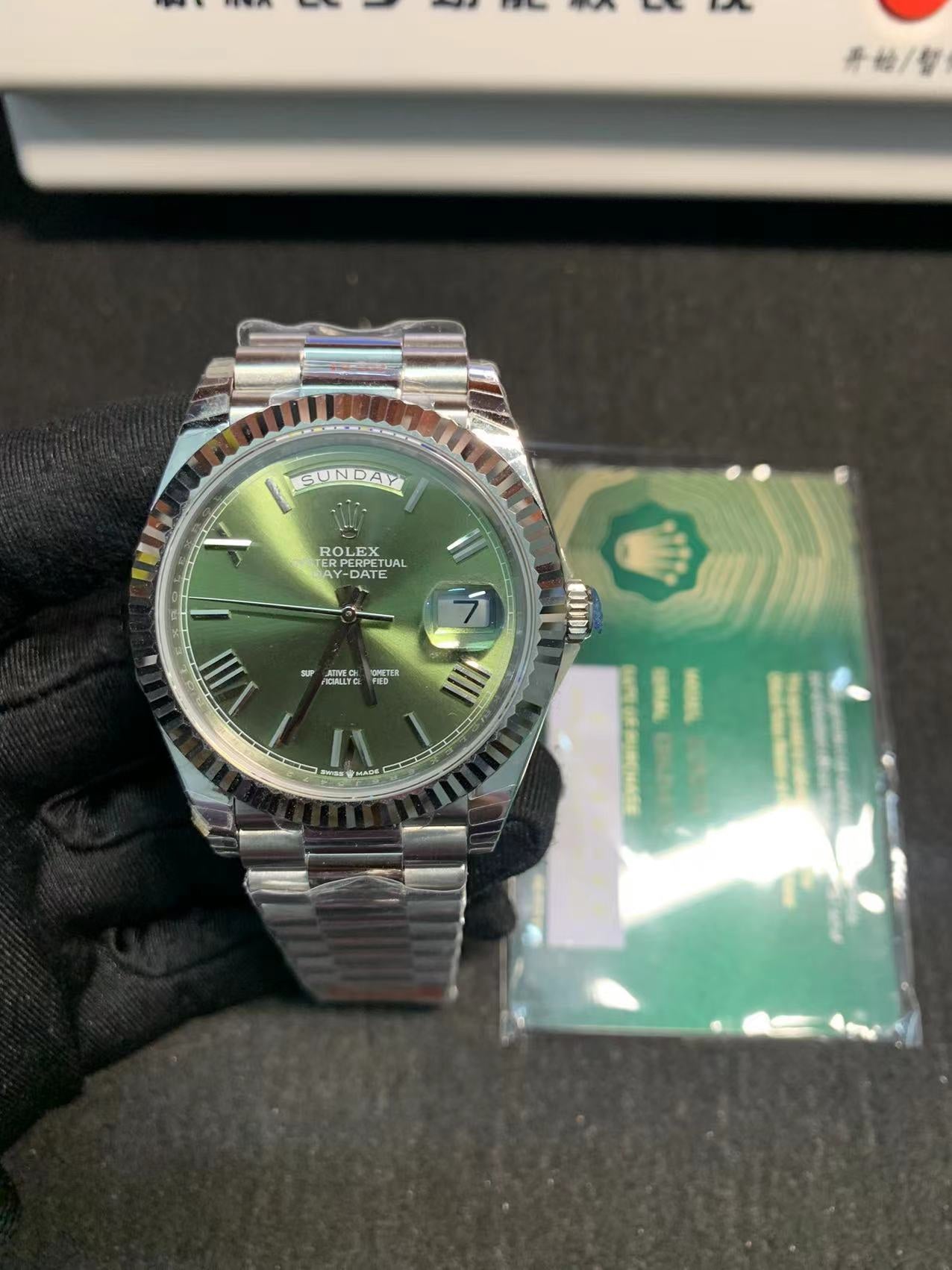 Rolex Day-Date 40mm Olive Green Dial, 904L Stainless Steel, Swiss Movement – Inquire Price via WhatsApp