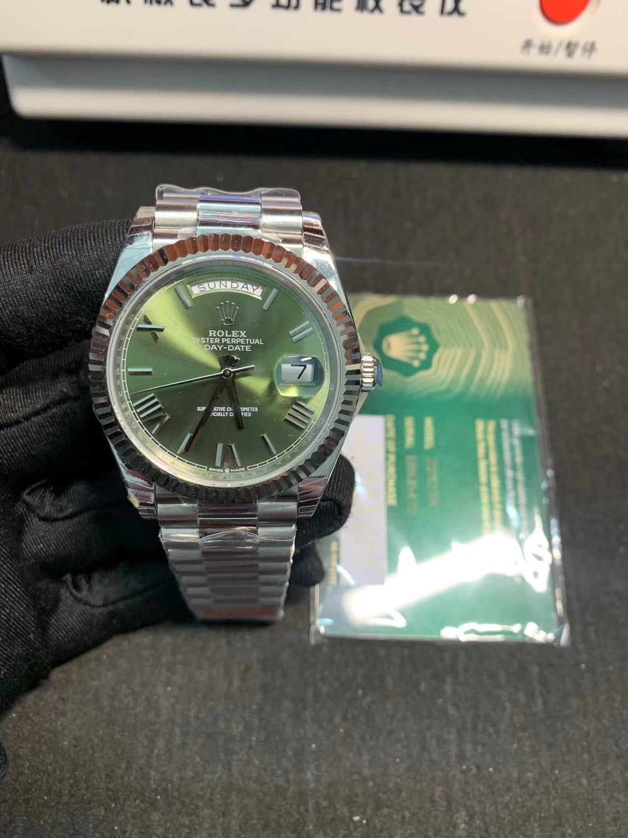 Rolex Day-Date 40mm Olive Green Dial, 904L Stainless Steel, Swiss Movement – Inquire Price via WhatsApp