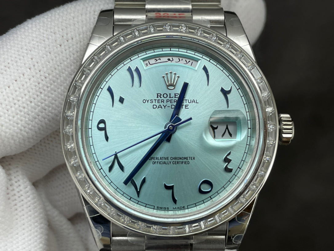 Rolex Day-Date 40mm Ice Blue Arabic Dial, Baguette Bezel, 904L Stainless Steel, Swiss Movement – Inquire Price via WhatsApp