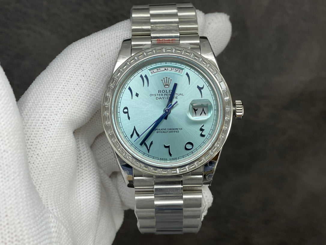 Rolex Day-Date 40mm Ice Blue Arabic Dial, Baguette Bezel, 904L Stainless Steel, Swiss Movement – Inquire Price via WhatsApp