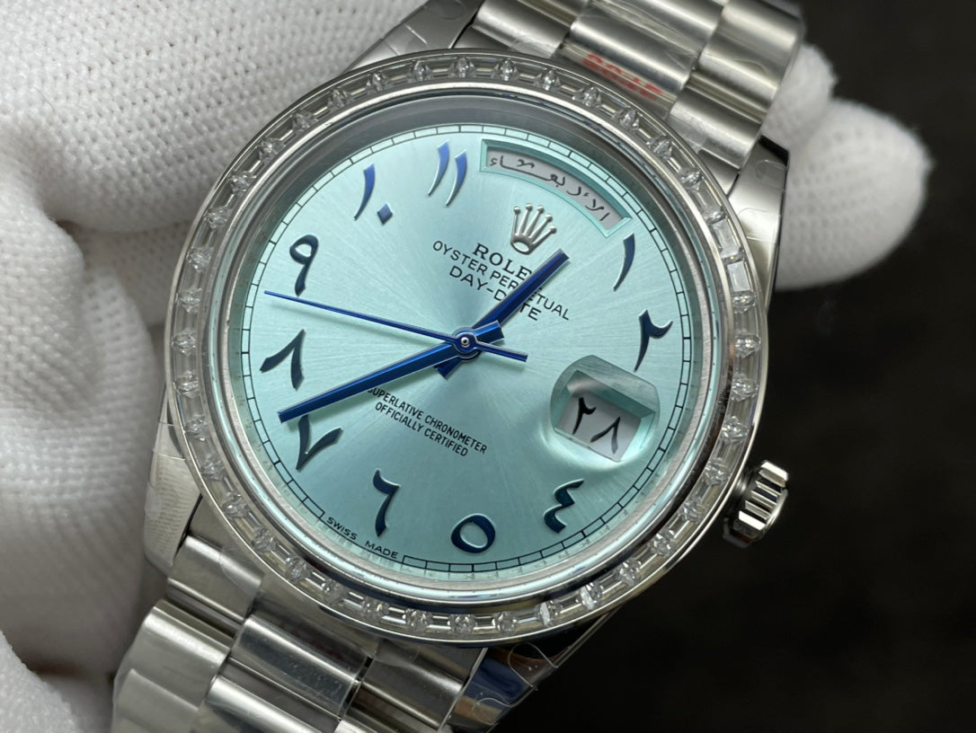 Rolex Day-Date 40mm Ice Blue Arabic Dial, Baguette Bezel, 904L Stainless Steel, Swiss Movement – Inquire Price via WhatsApp