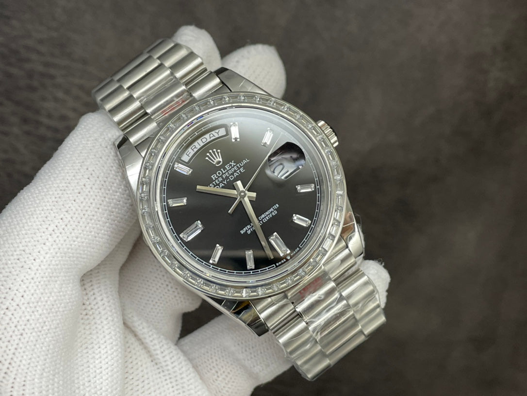 Rolex Day-Date 40mm Black Dial, Baguette Bezel, 904L Stainless Steel, Swiss Movement – Inquire Price via WhatsApp