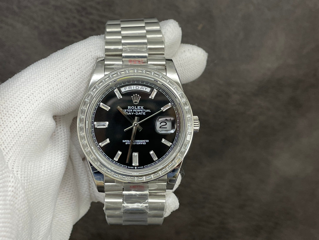 Rolex Day-Date 40mm Black Dial, Baguette Bezel, 904L Stainless Steel, Swiss Movement – Inquire Price via WhatsApp