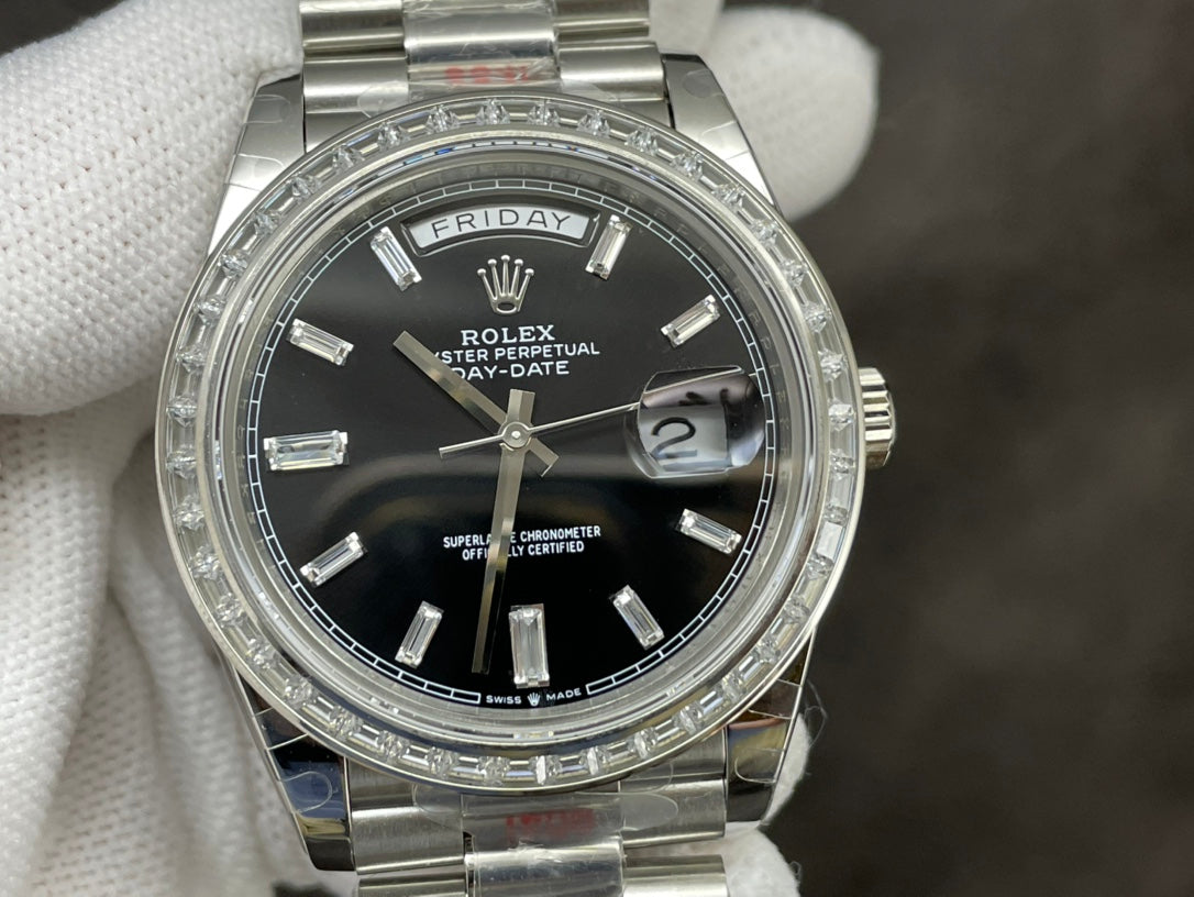 Rolex Day-Date 40mm Black Dial, Baguette Bezel, 904L Stainless Steel, Swiss Movement – Inquire Price via WhatsApp