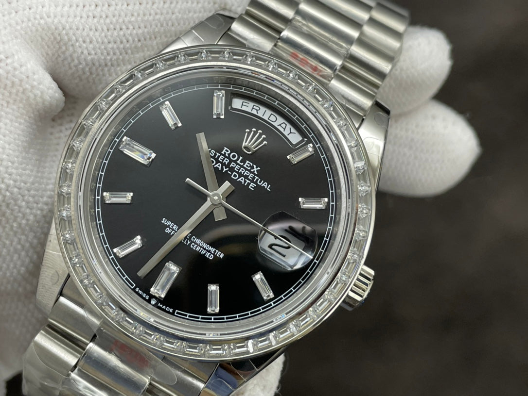 Rolex Day-Date 40mm Black Dial, Baguette Bezel, 904L Stainless Steel, Swiss Movement – Inquire Price via WhatsApp