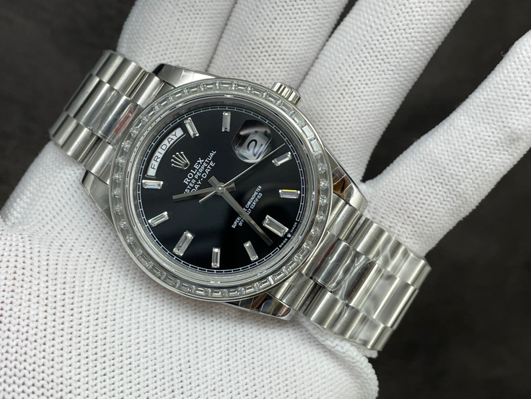 Rolex Day-Date 40mm Black Dial, Baguette Bezel, 904L Stainless Steel, Swiss Movement – Inquire Price via WhatsApp