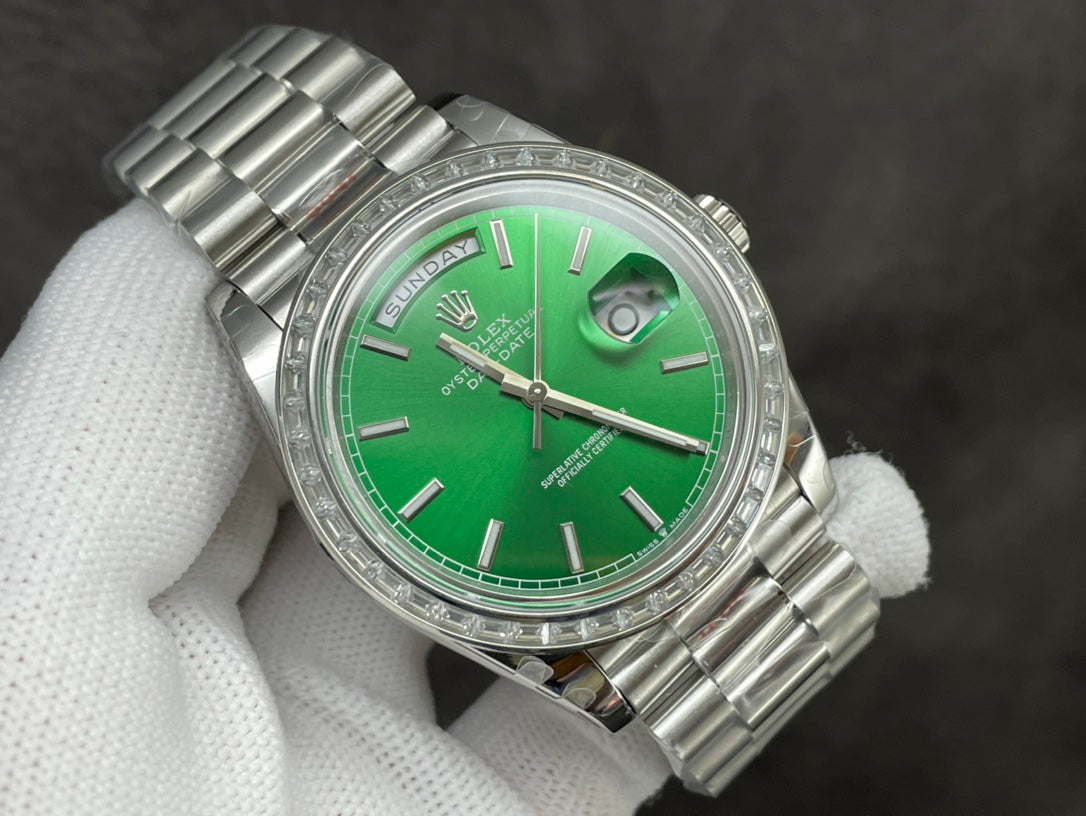 Rolex Day-Date 40mm Green Dial, Baguette Bezel, 904L Stainless Steel, Swiss Movement – Inquire Price via WhatsApp