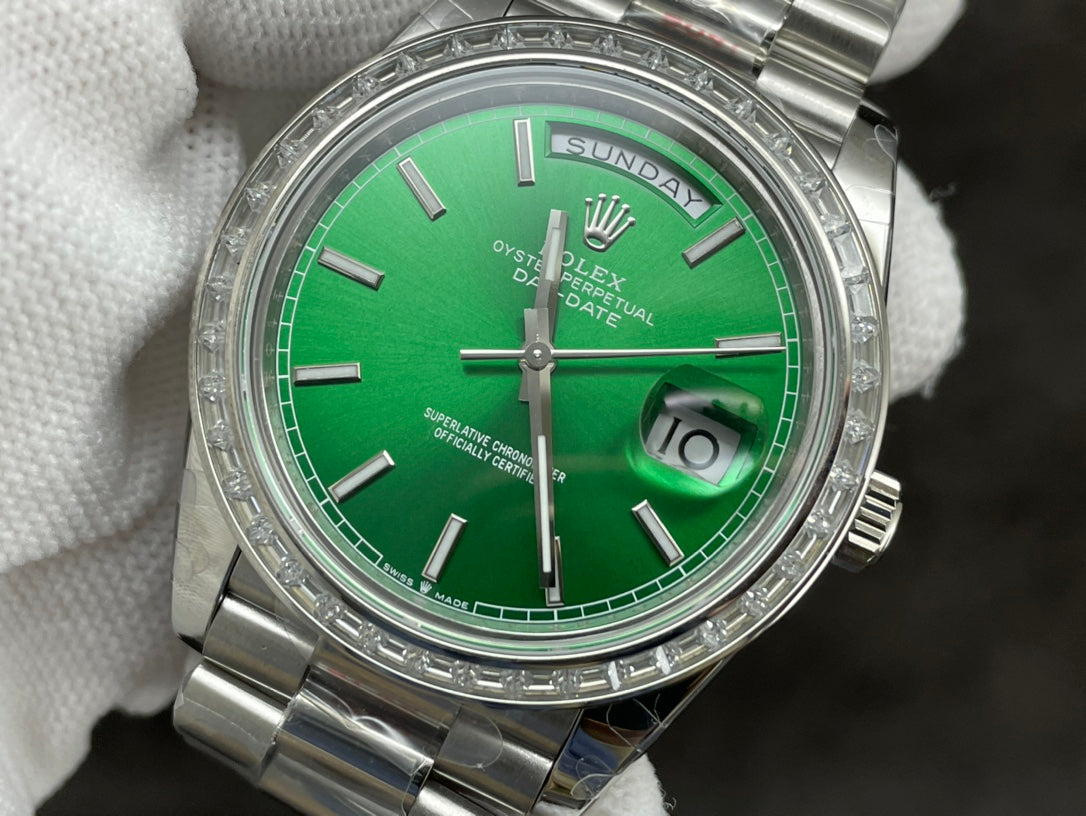Rolex Day-Date 40mm Green Dial, Baguette Bezel, 904L Stainless Steel, Swiss Movement – Inquire Price via WhatsApp