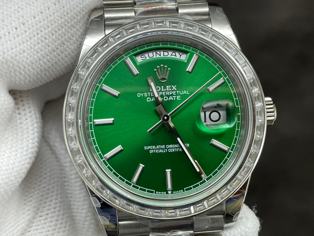 Rolex Day-Date 40mm Green Dial, Baguette Bezel, 904L Stainless Steel, Swiss Movement – Inquire Price via WhatsApp