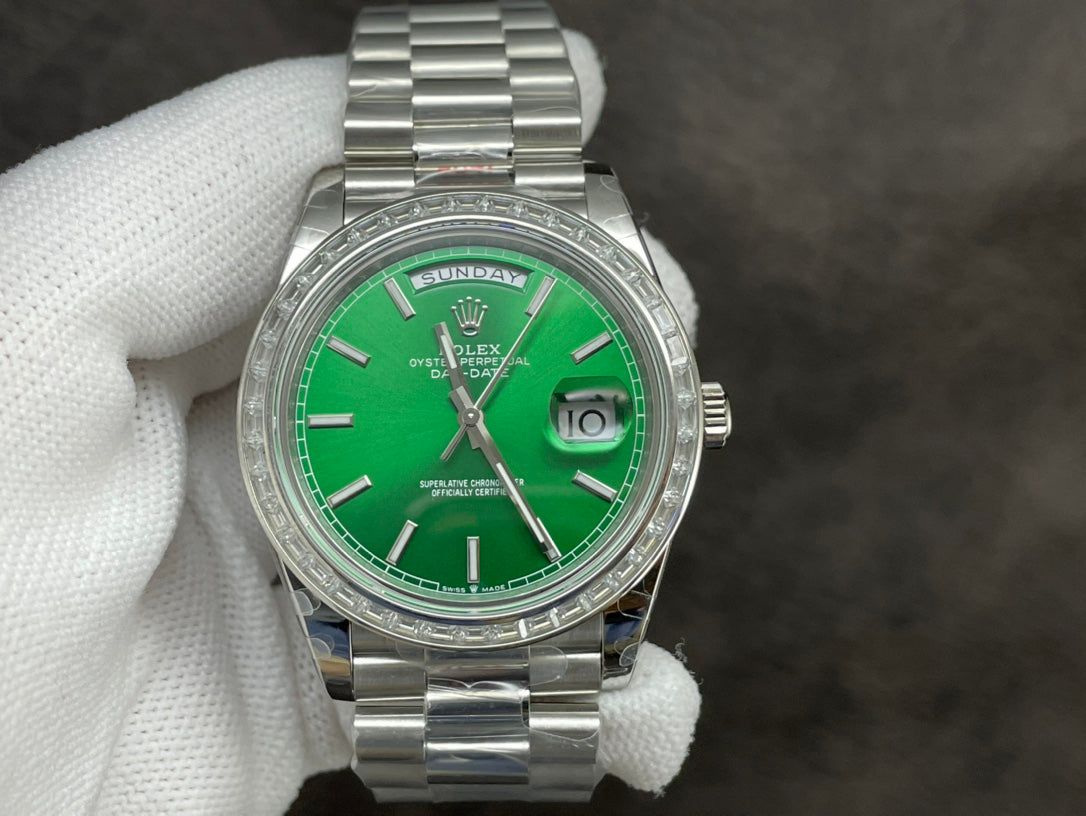 Rolex Day-Date 40mm Green Dial, Baguette Bezel, 904L Stainless Steel, Swiss Movement – Inquire Price via WhatsApp