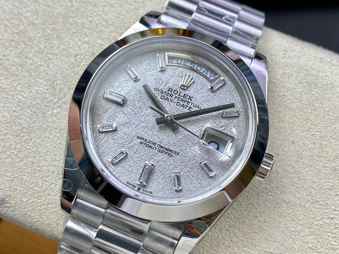 Rolex Day-Date 40mm Ice Blue Meteorite Dial, 904L Stainless Steel, Swiss Movement – Inquire Price via WhatsApp