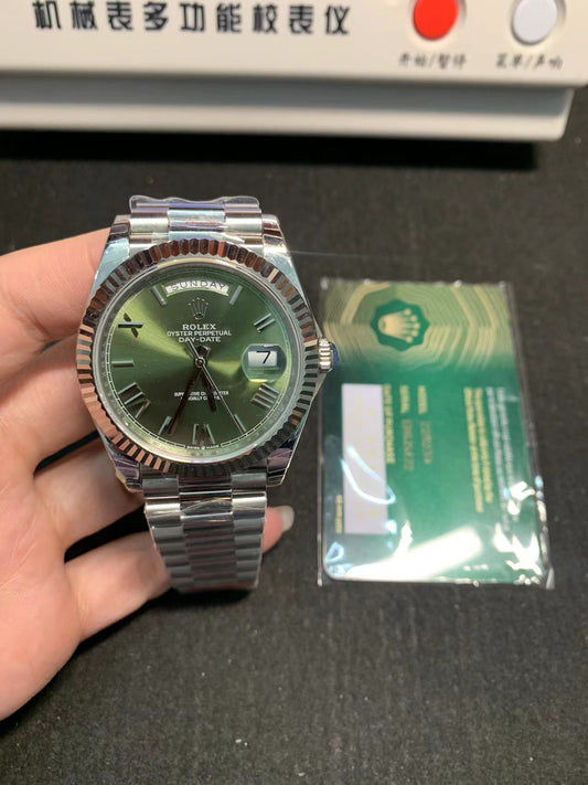 Rolex Day-Date 40mm Olive Green Dial, 904L Stainless Steel, Swiss Movement – Inquire Price via WhatsApp