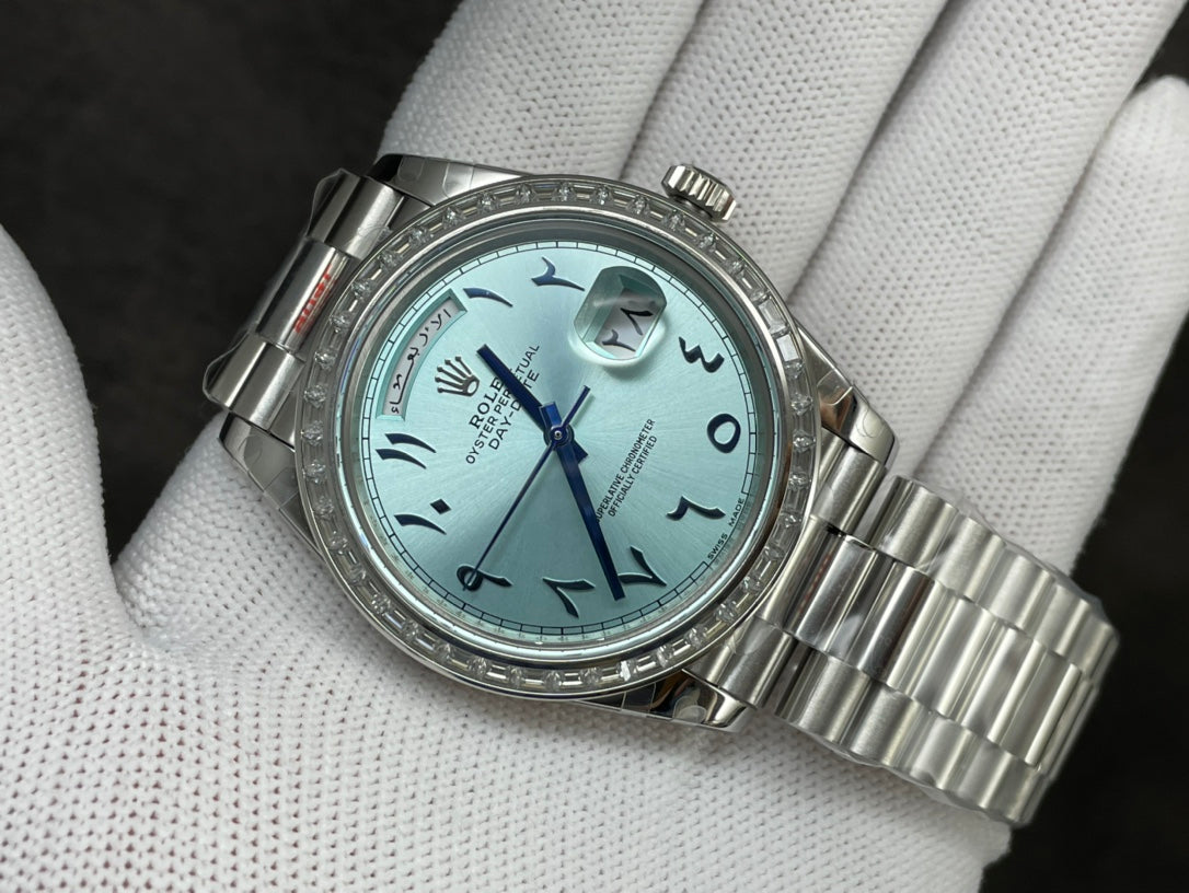 Rolex Day-Date 40mm Ice Blue Arabic Dial, Baguette Bezel, 904L Stainless Steel, Swiss Movement – Inquire Price via WhatsApp