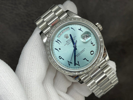 Rolex Day-Date 40mm Ice Blue Arabic Dial, Baguette Bezel, 904L Stainless Steel, Swiss Movement – Inquire Price via WhatsApp