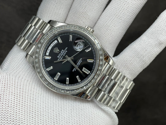 Rolex Day-Date 40mm Black Dial, Baguette Bezel, 904L Stainless Steel, Swiss Movement – Inquire Price via WhatsApp