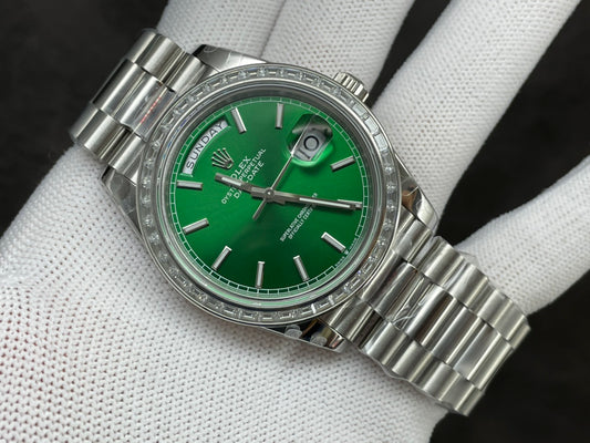 Rolex Day-Date 40mm Green Dial, Baguette Bezel, 904L Stainless Steel, Swiss Movement – Inquire Price via WhatsApp