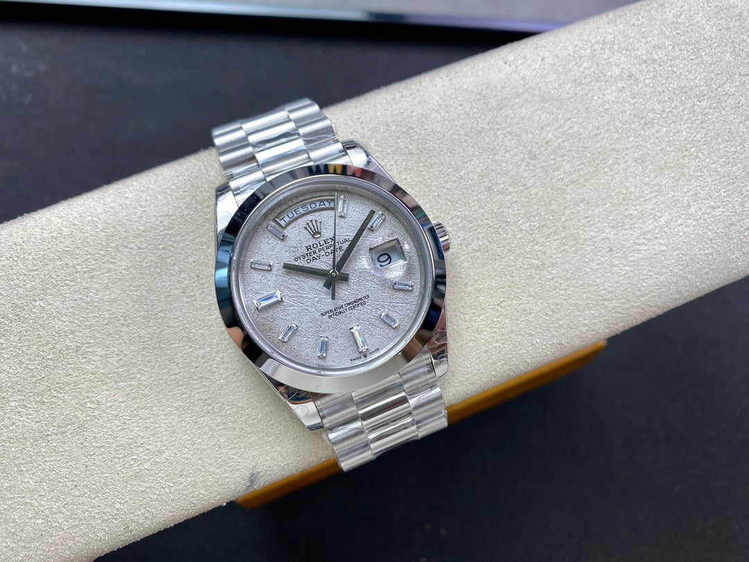 Rolex Day-Date 40mm Ice Blue Meteorite Dial, 904L Stainless Steel, Swiss Movement – Inquire Price via WhatsApp