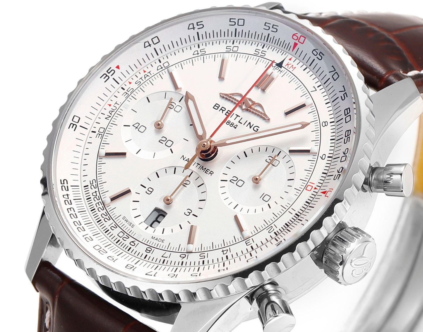 Breitling Navitimer 43mm, White Dial, Brown Leather Strap – Inquire Price via WhatsApp