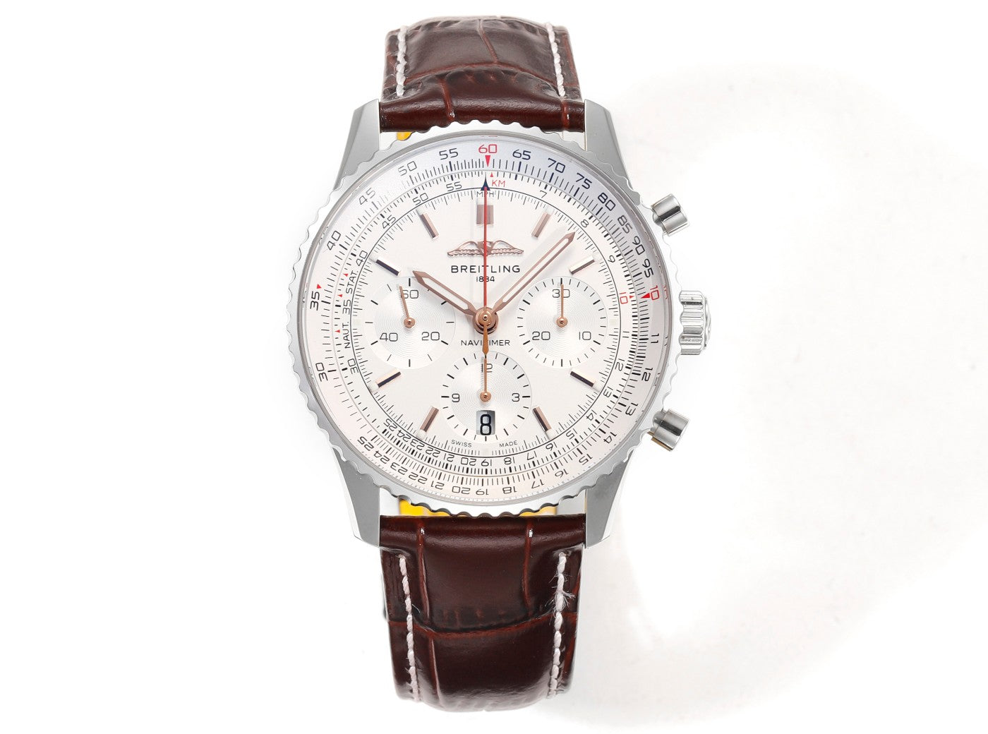 Breitling Navitimer 43mm, White Dial, Brown Leather Strap – Inquire Price via WhatsApp