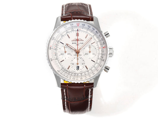 Breitling Navitimer 43mm, White Dial, Brown Leather Strap – Inquire Price via WhatsApp
