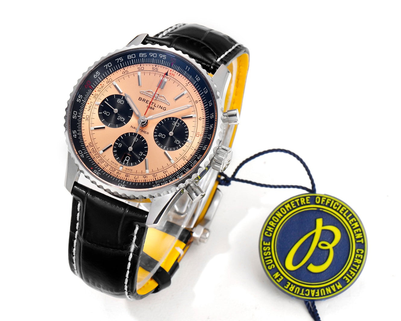 Breitling Navitimer 43mm, Orange Dial with Black Subdials, Black Leather Strap – Inquire Price via WhatsApp