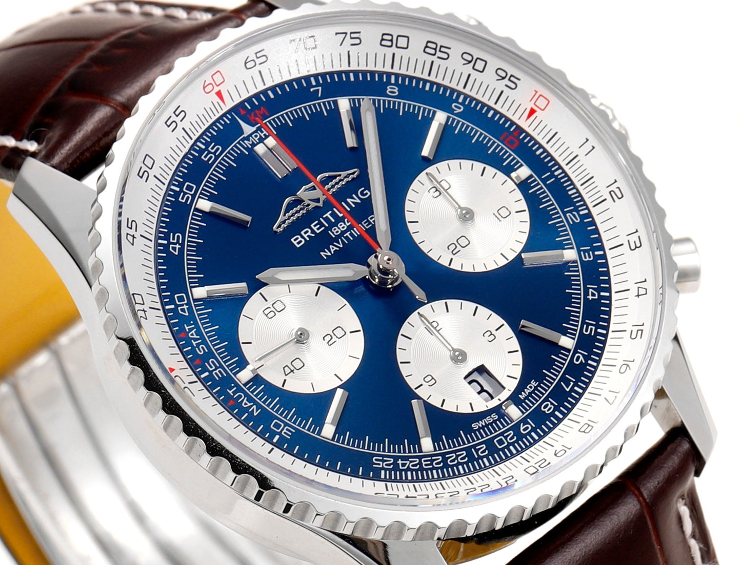 Breitling Navitimer 43mm, Blue Dial with White Subdials, Brown Leather Strap – Inquire Price via WhatsApp