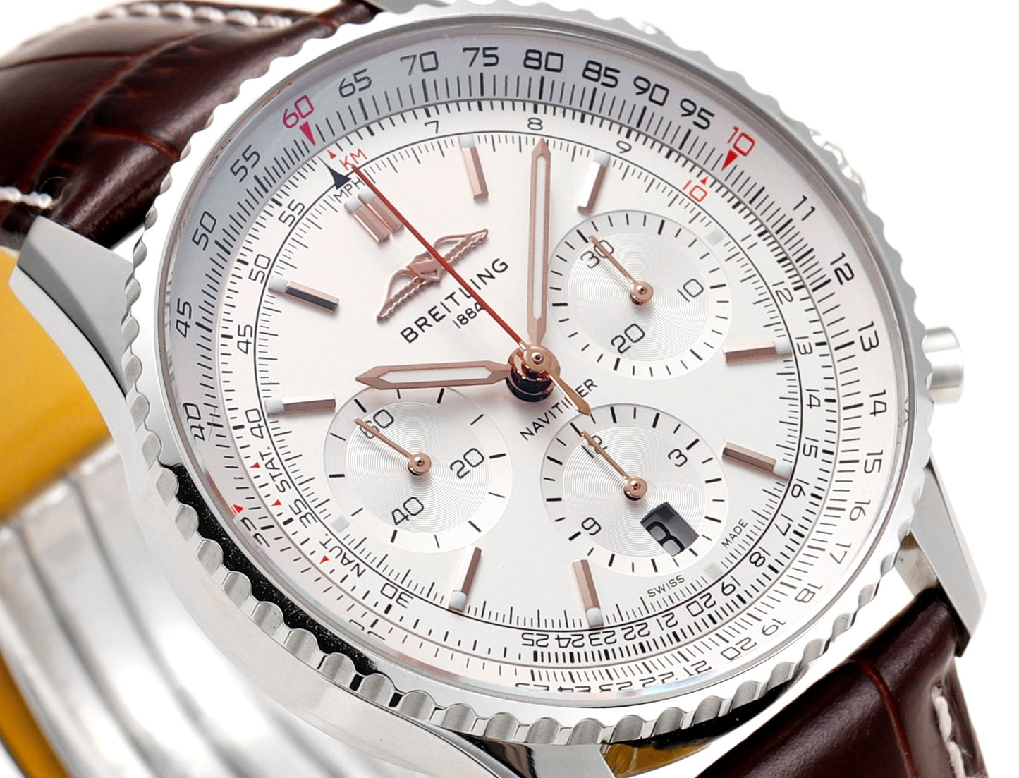 Breitling Navitimer 43mm, White Dial, Brown Leather Strap – Inquire Price via WhatsApp